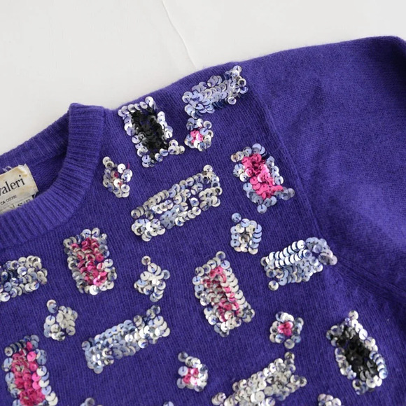Vintage Franco Valeri Purple w Silver & Pink Embellishments CrewNeck Sweater S - Picture 11 of 13